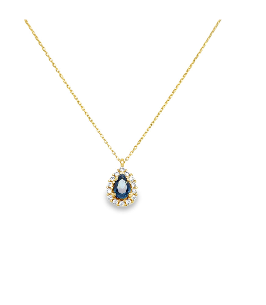 Gold Charm Necklace with Deep Blue Pear Zircon