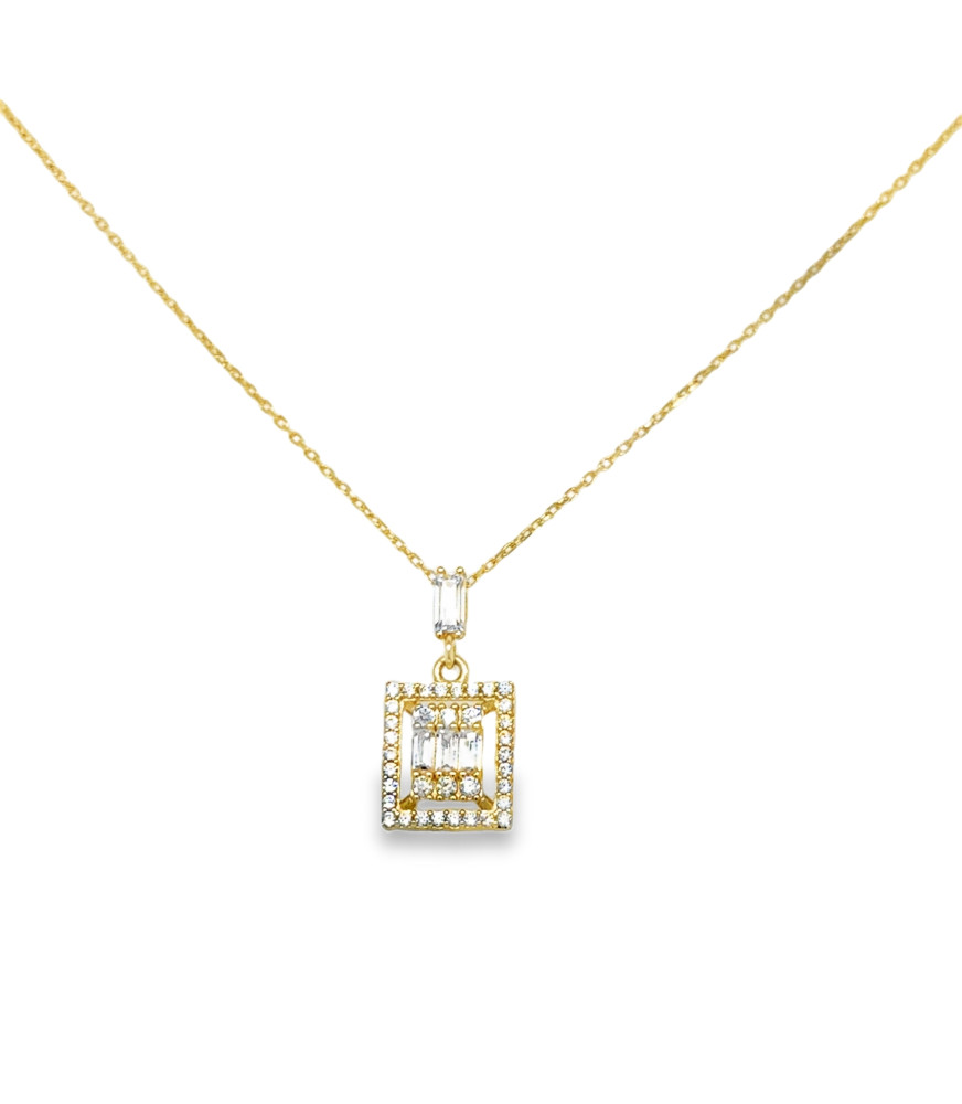 Yellow Gold Necklace with Square Brilliant Cut Zircon Pendant