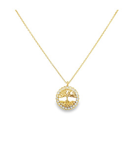 Yellow Gold 'Tree of Life' Charm Necklace with Round Brilliant Cut Zircons