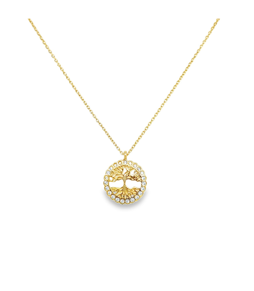 Yellow Gold 'Tree of Life' Charm Necklace with Round Brilliant Cut Zircons