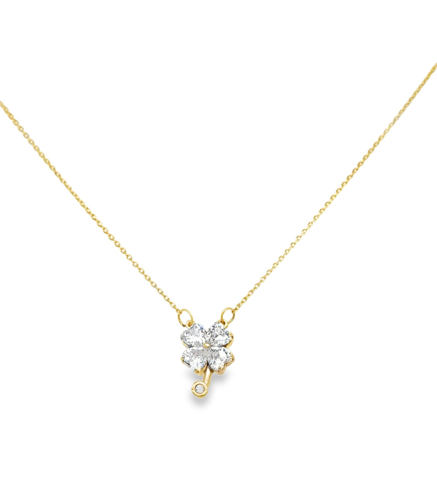 Колие с висулка от жълто злато с четирилистна детелина и циркон